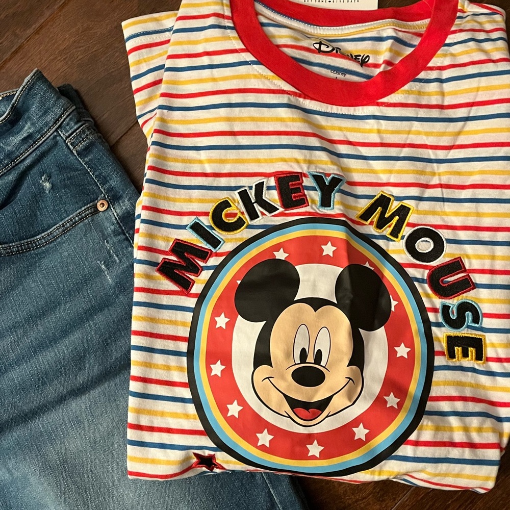NWT DISNEY MICKEY MOUSE STRIPED RINGER TEE SHIRT SIZE LARGE